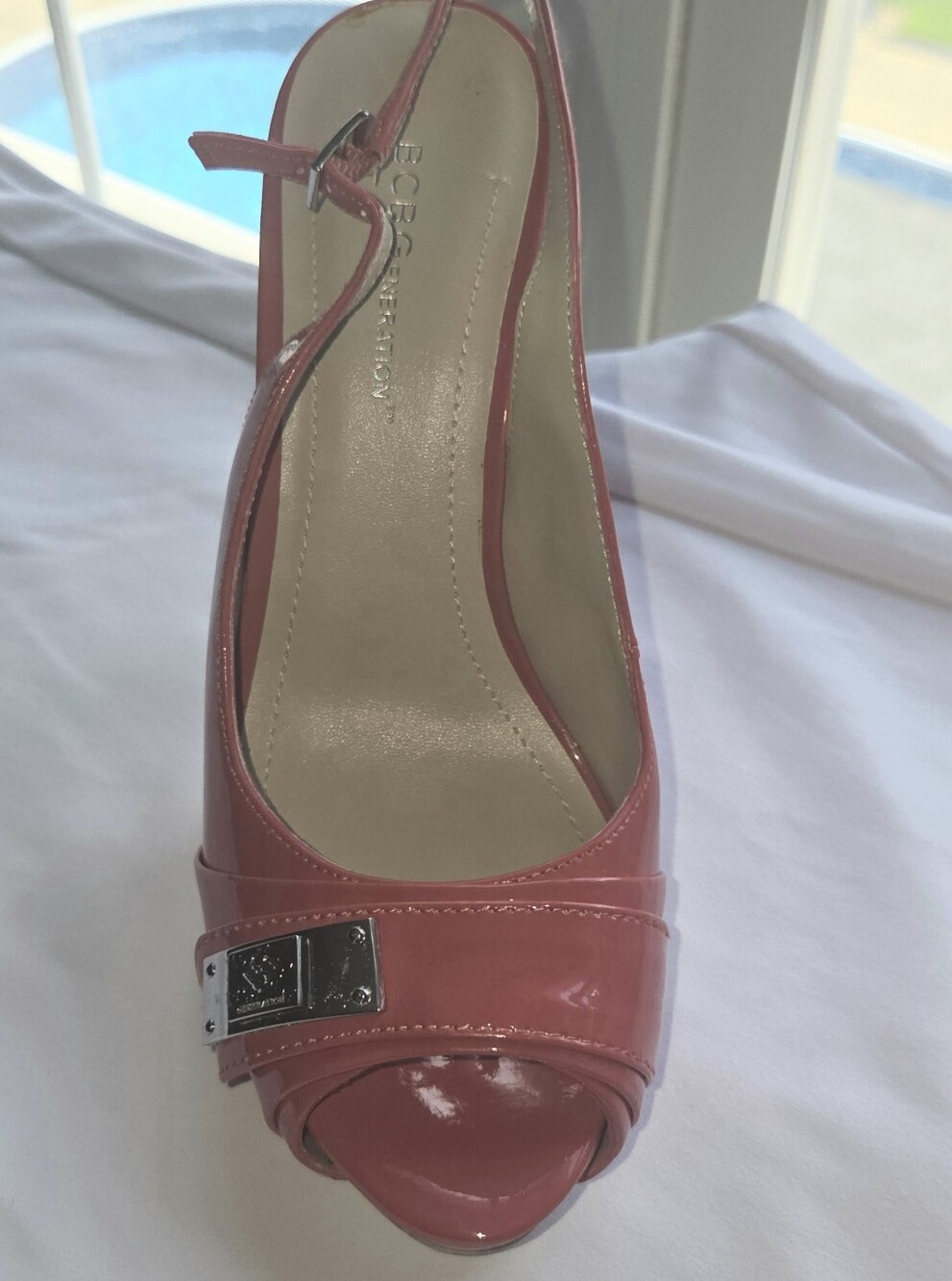 BCBGeneration Coral Pink Patent Peep-Toe Slingback Heel